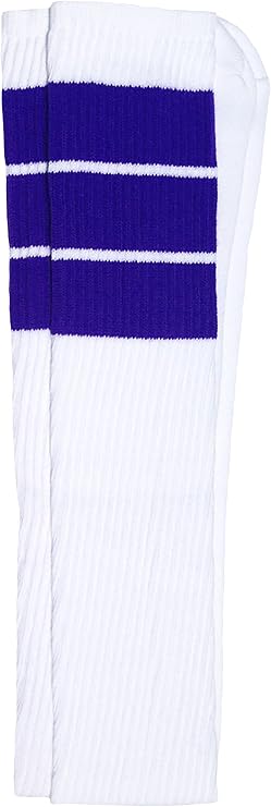 Thigh high White tube socks with Purple stripes style 5 - SKATERSOCKS