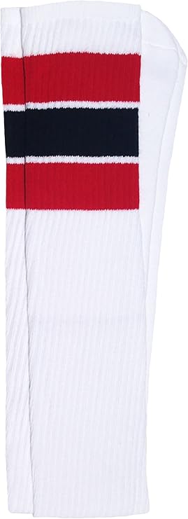 Thigh high White tube socks with Red-Black stripes style 5 - SKATERSOCKS