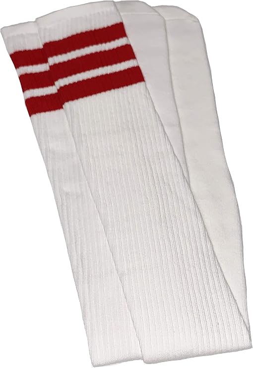 Thigh high White tube socks with Red stripes style 1 - SKATERSOCKS
