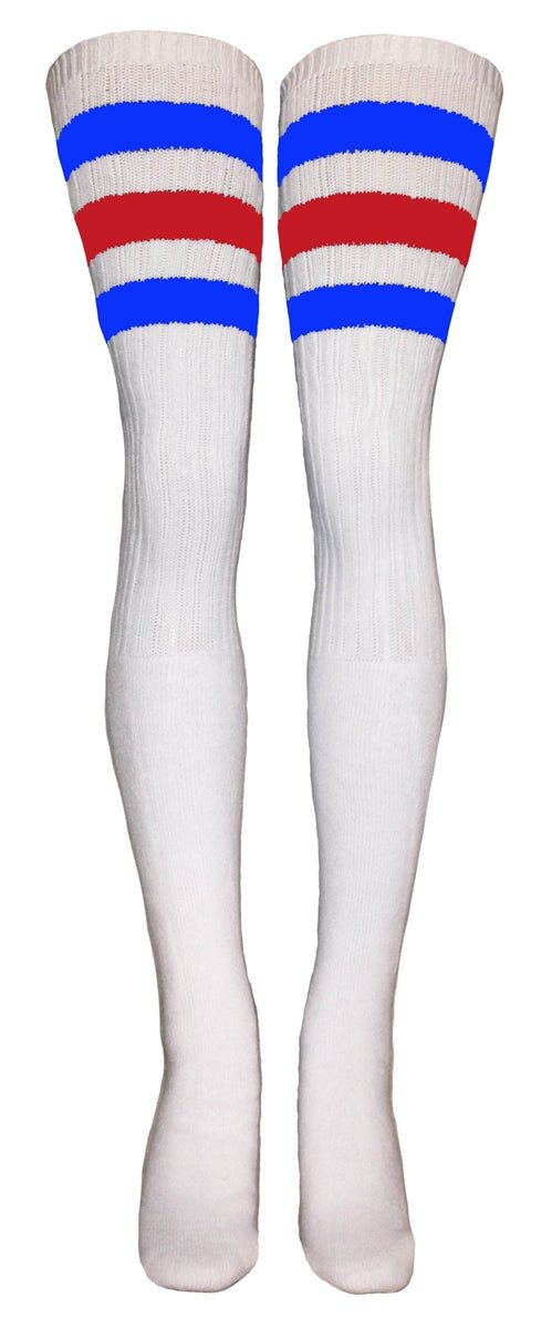 Thigh high White tube socks with Royal Blue and Red stripes style 1 - SKATERSOCKS
