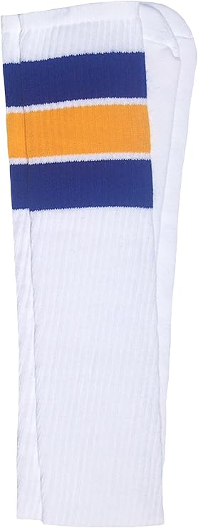 Thigh high White tube socks with Royal Blue-Gold stripes style 5 - SKATERSOCKS