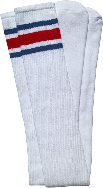 Thigh high White tube socks with Royal Blue-Red stripes style 3 - SKATERSOCKS