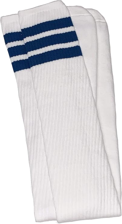 Thigh high White tube socks with Royal Blue stripes style 1 - SKATERSOCKS