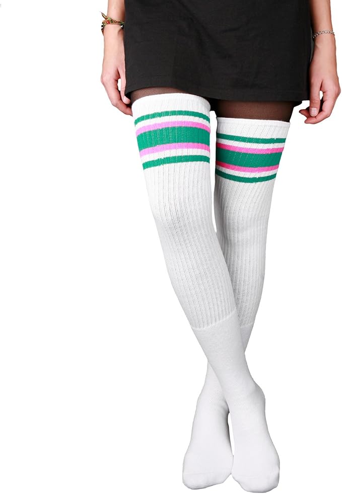 Thigh high White tube socks with Teal-Hot Pink stripes style 4 - SKATERSOCKS
